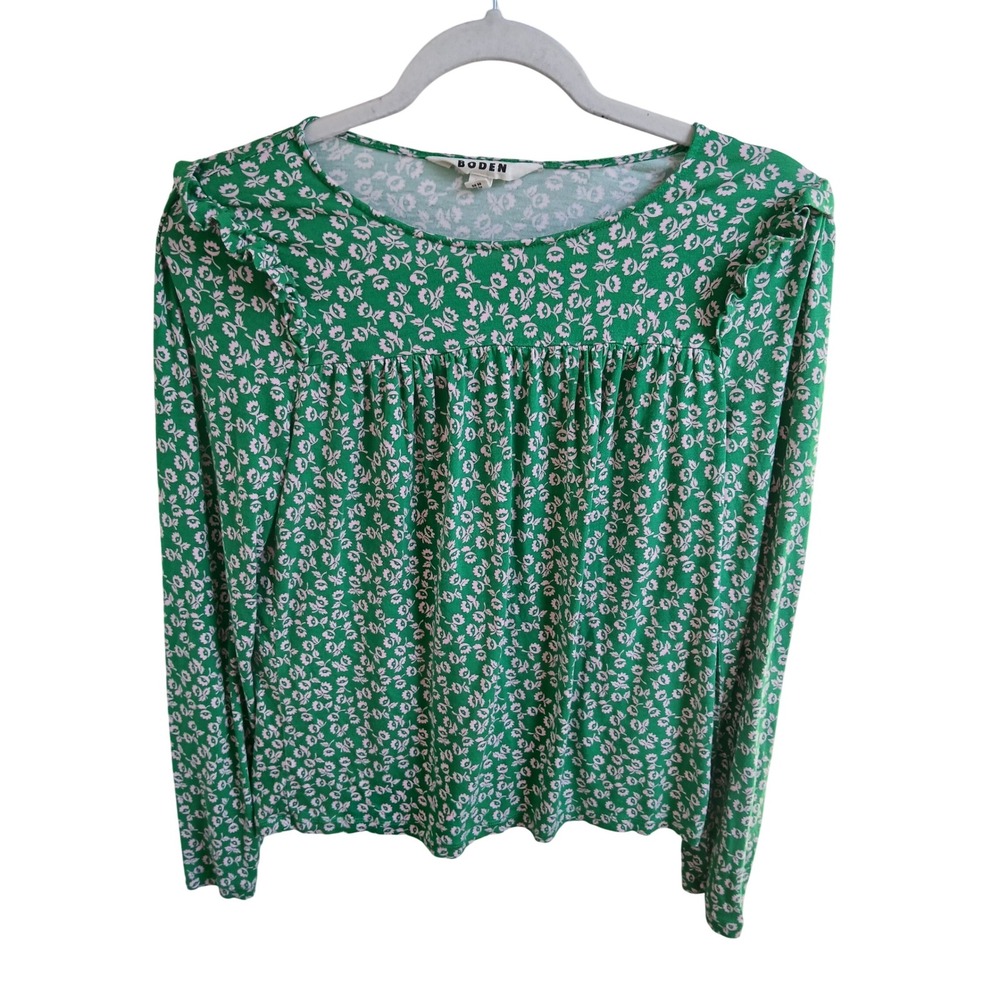 Boden Floral Print Ruffle Long Sleeve Top, Green & Pink,‎ Women's 6